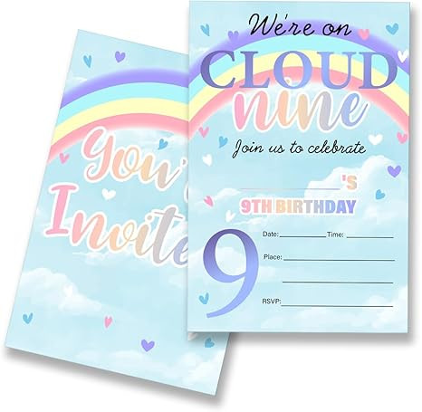 EUDOSI Rainbow Cloud 9th Birthday Party Invitations Supplies Fill-In Set of 20 with Envelopes Wat... | Amazon (US)
