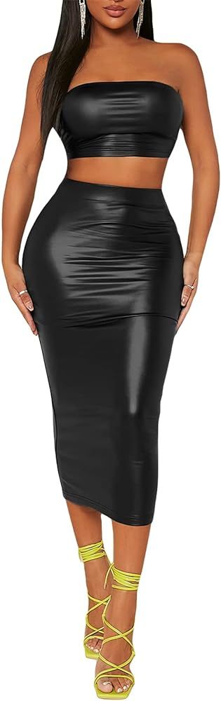 Verdusa Women's 2 Piece Outfit PU Leather Crop Tube Top and Long Bodycon Skirt Sets | Amazon (US)