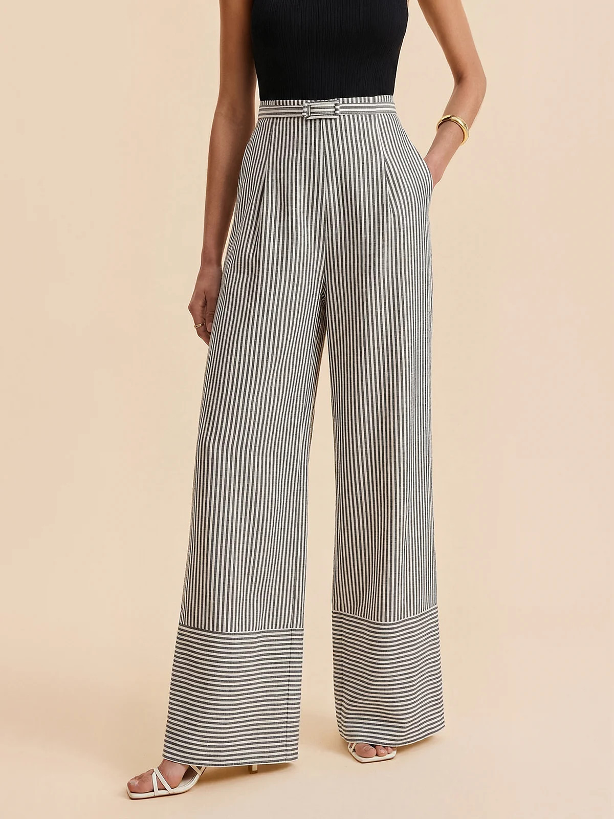 Belted Striped Wide-Leg Pants | Commense