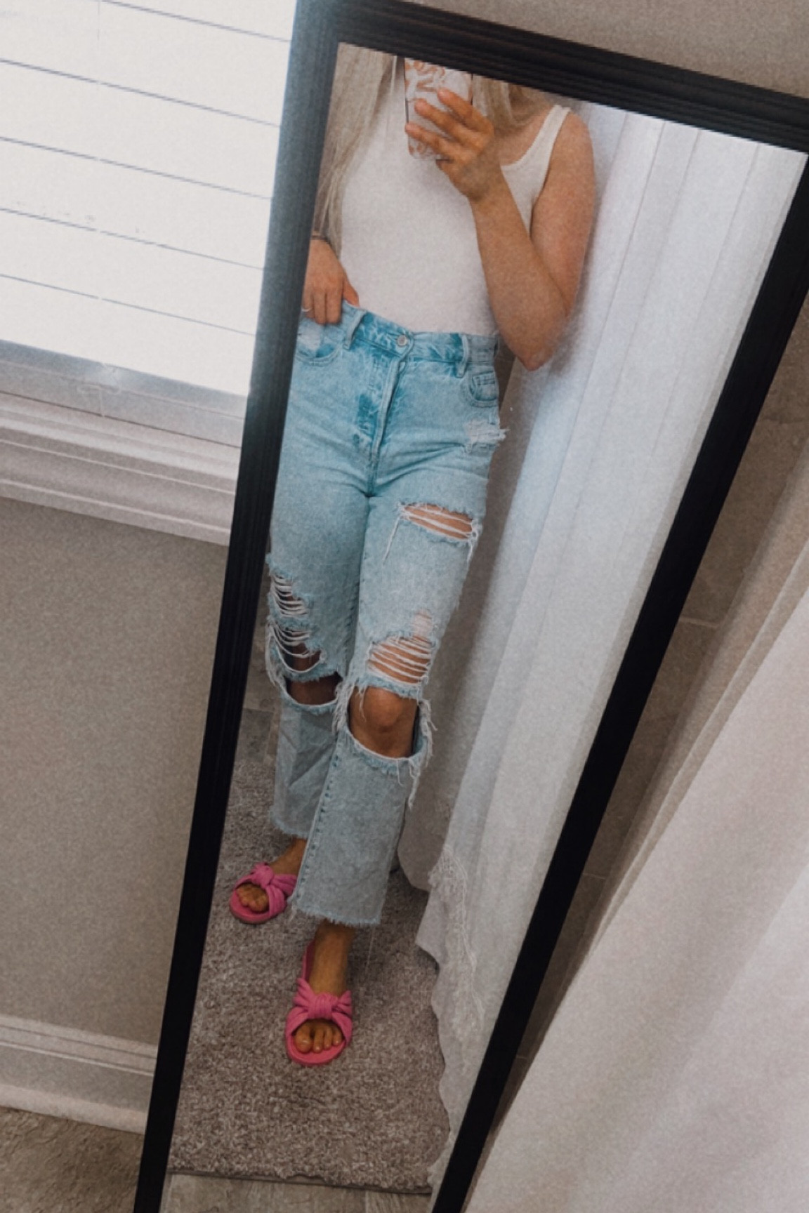 Spring outfit, jeans, sandals, pink sandals, bodysuit, distressed jeans, summer outfit, simple outfit, casual outfit, jeans, tank top, pink 

#LTKfit #LTKstyletip