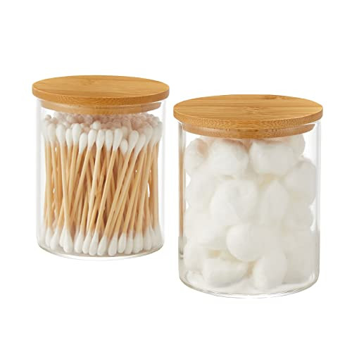 INIUNIK Glass Qtip Holder Dispenser with Bamboo Lid - 2 Pack Apothecary Jars - Cotton Balls Pads Swabs Holder Jar - Bathroom Vanity Canisters Jars for Countertop Storage and Organization | Amazon (US)