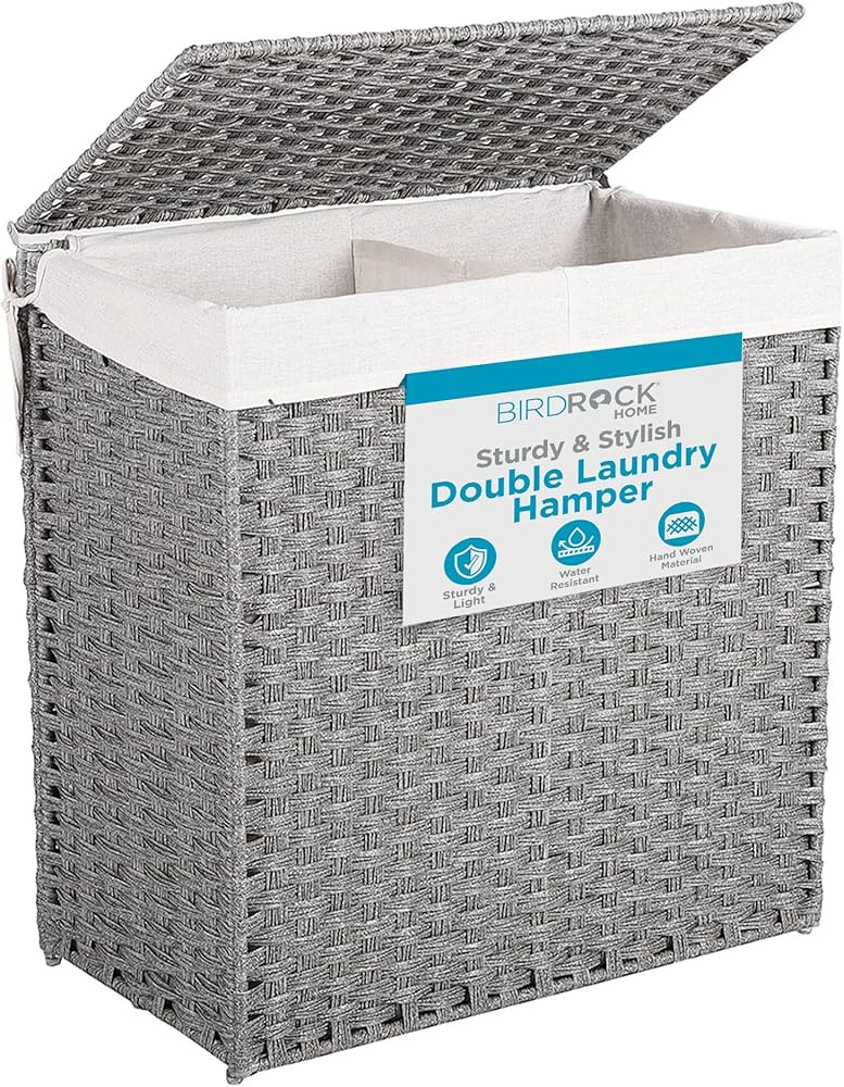 BIRDROCK HOME Laundry Hamper with Lid - Hand Woven PE Rattan Divided Sorter with Removable Liner ... | Amazon (US)