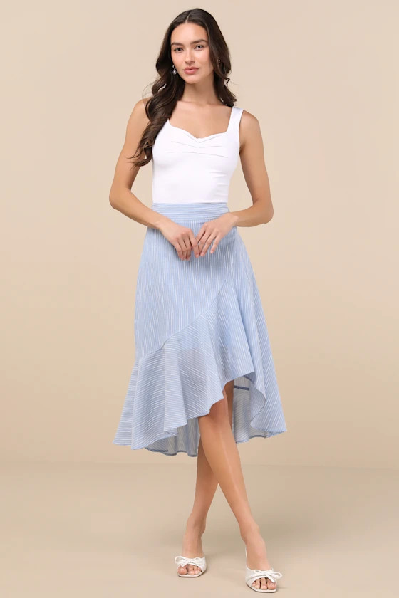 By the Bay Light Blue and White Striped Ruffled Midi Skirt | Lulus