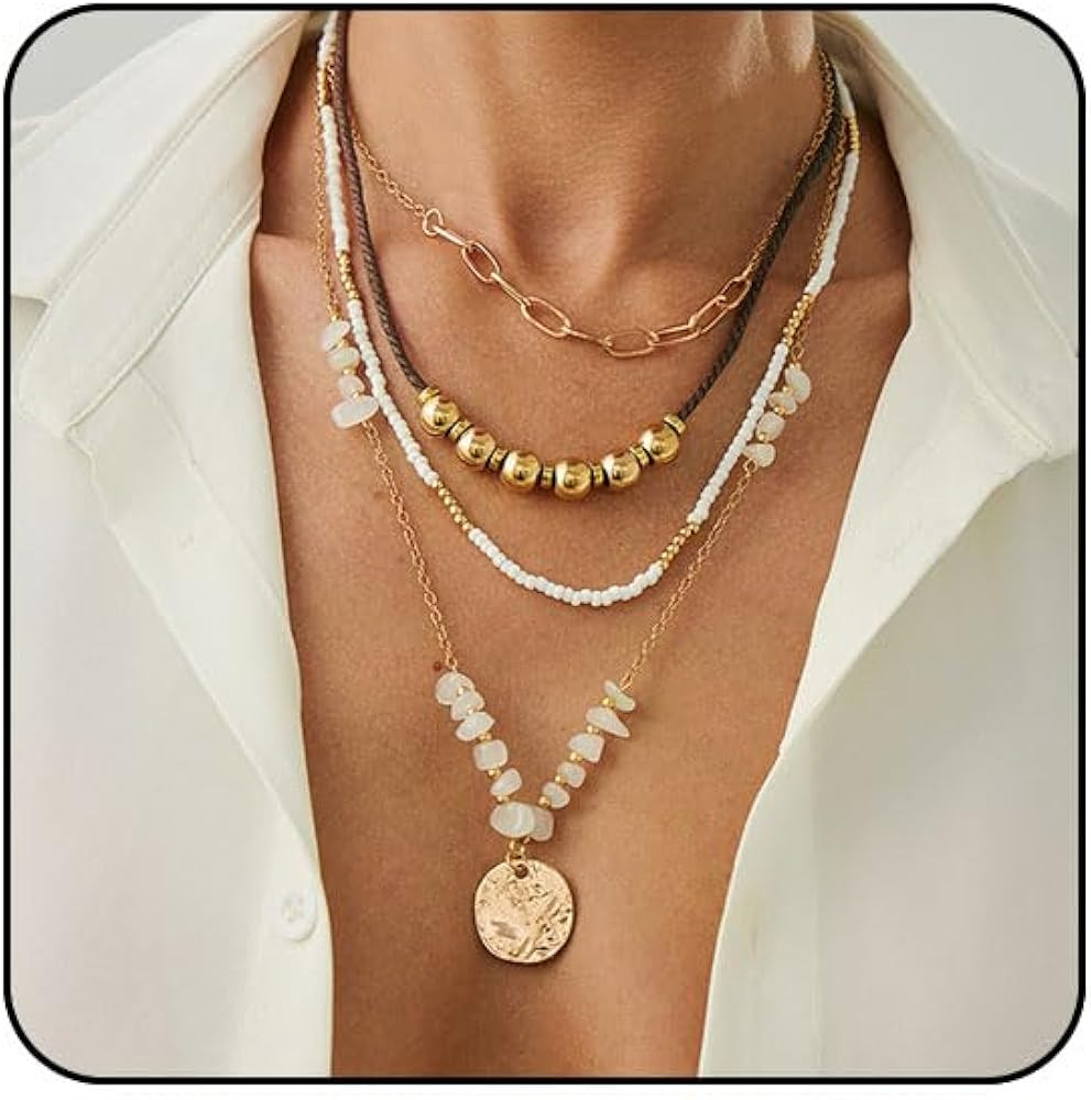 Boho Necklace Layered Western Necklaces for Women Bohemian Turquoise Beaded Necklaces Gold Coin S... | Amazon (US)