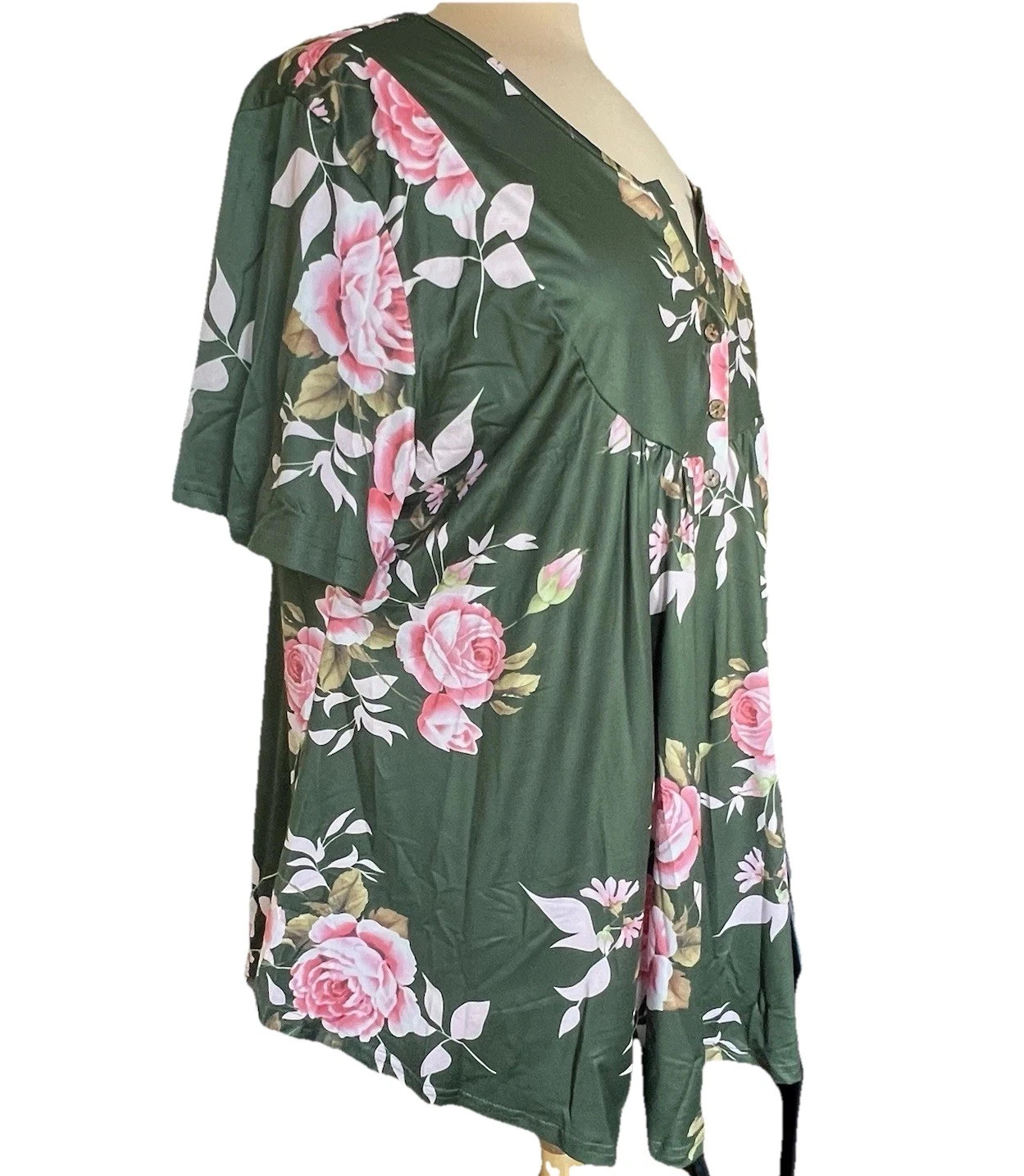 NWT Allegrace Top Plus Size 2X S/S Stretchy Tunic Shirt Green Pink Roses Floral | eBay | eBay US