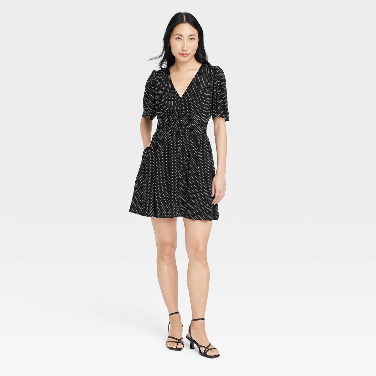 Women's Flutter Short Sleeve Printed Crepe Mini Dress - A New Day™ Black/White Polka Dots M | Target