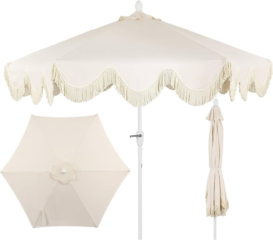 JONATHAN Y UMB1001E Collins 9 ft. Classic Cottage Tassel Market Patio Umbrella with Auto-Tilt, Cr... | Amazon (US)