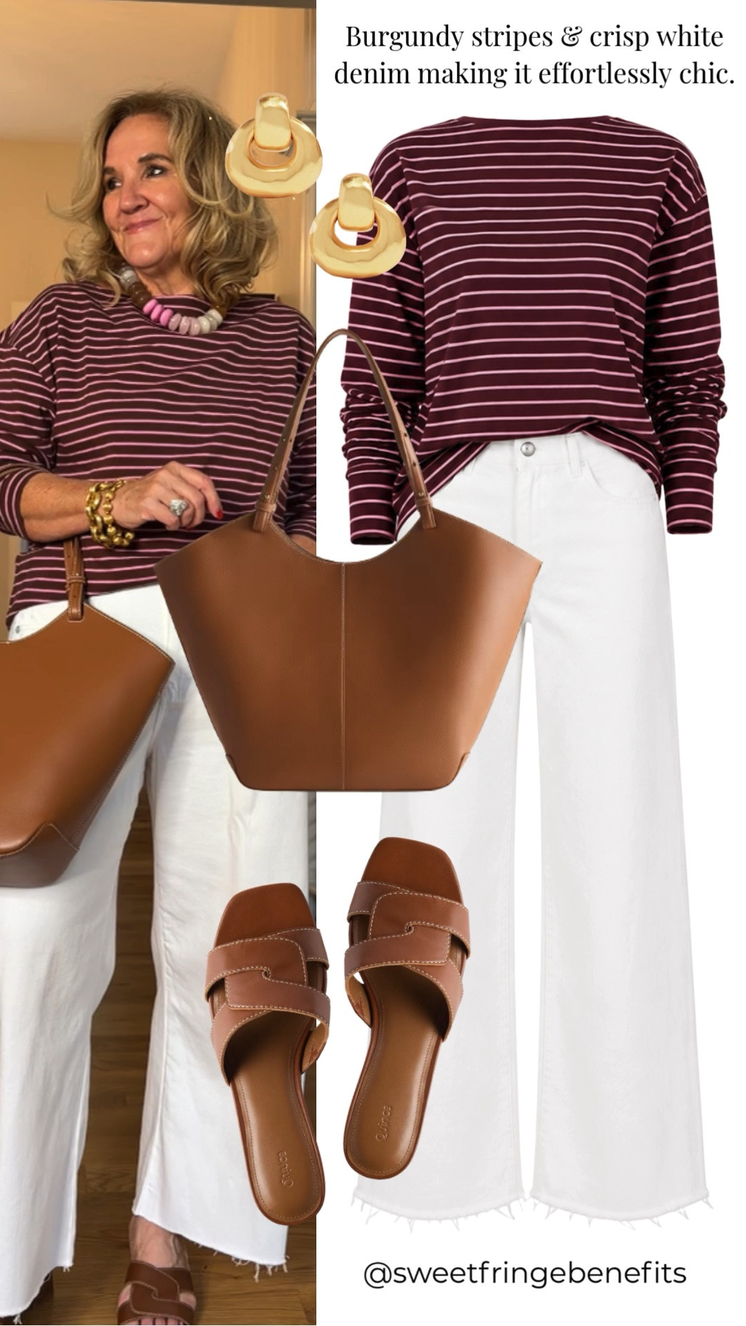 Burgundy stripes and crisp white denim make such an easy, polished combination. Add brown sandals and a leather tote for a classic everyday look.

💡 LTK MADE EASY
❤️ Heart = Support my posts!
🔖 Save = Get sale & restock alerts
📋 Lists = Keep favorites organized
📲 Share = Send lists and products to a friend. Hello, Christmas List!
💬 Comment = Ask me anything about what I'm wearing.:-)

#LTKootd #LTKdayinmylife #LTKOver40