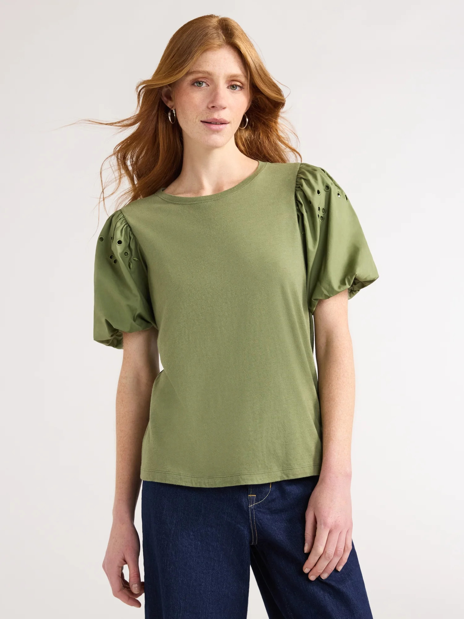 Free Assembly Women's T-Shirt with Embroidered Eyelet Sleeves, Sizes XS-XXL | Walmart (US)