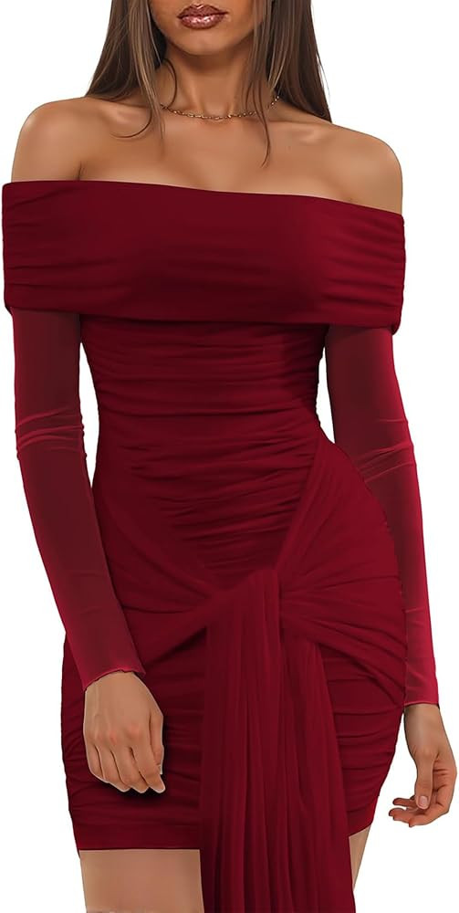 Off The Shoulder Mesh Dress Long Sleeve Ruched Bodycon Dress for Women Tie Waist Dresses | Amazon (US)