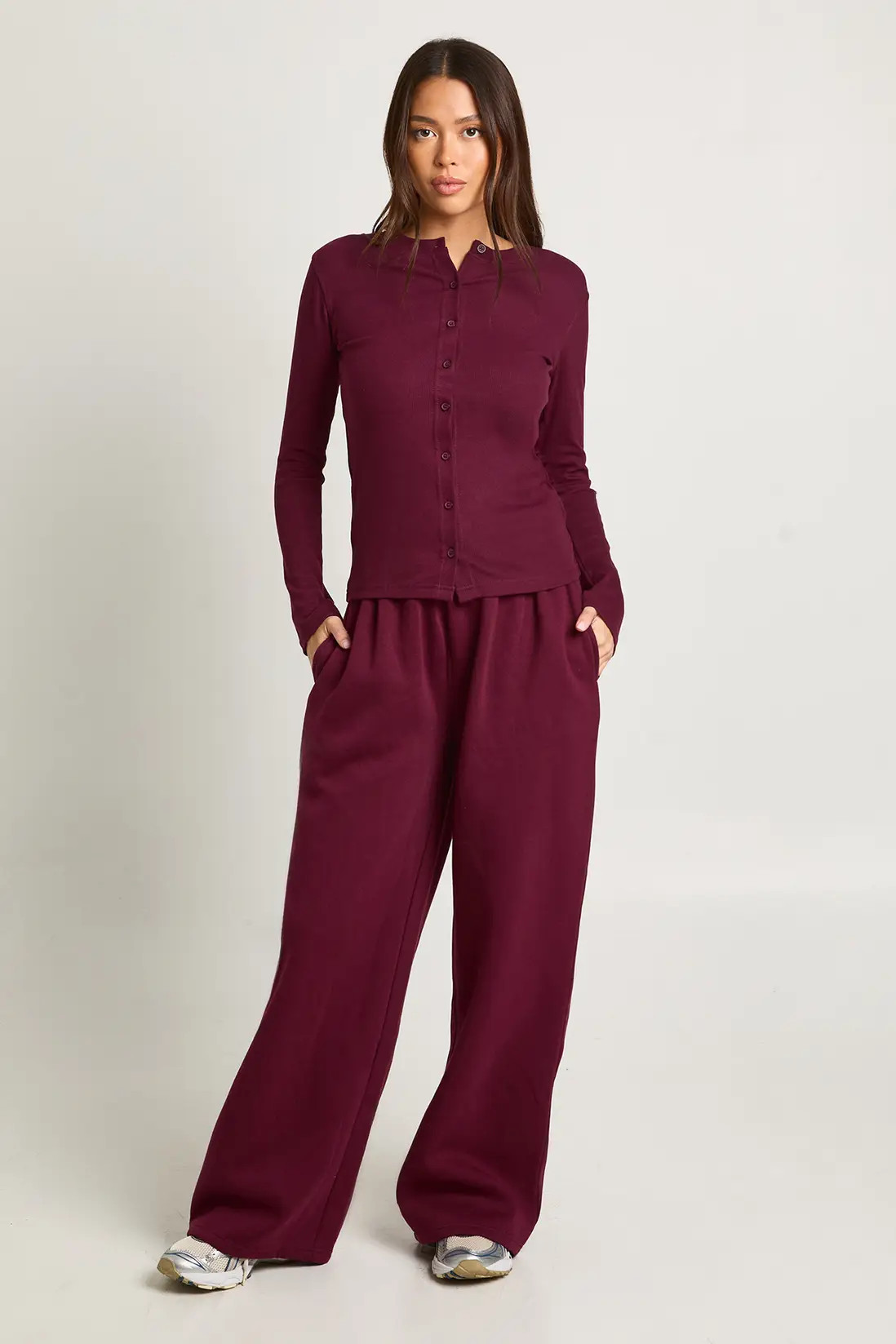 Rib Button Through Long Sleeve Top Tracksuit | Boohoo.com (UK & IE)