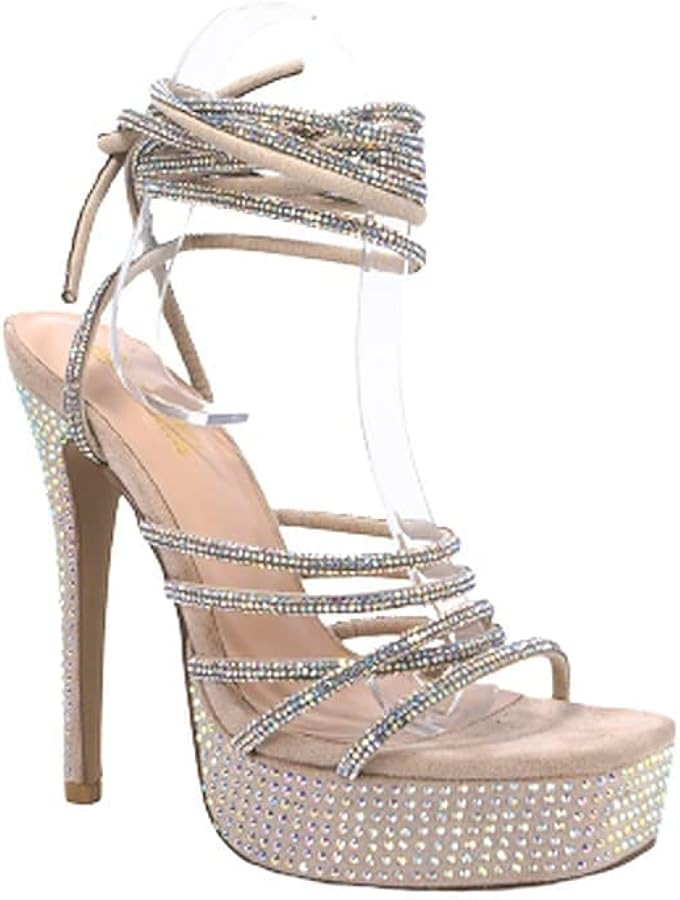Women's Lace Up Platform Heels Rhinestone Stiletto High Heel Sandals | Amazon (US)