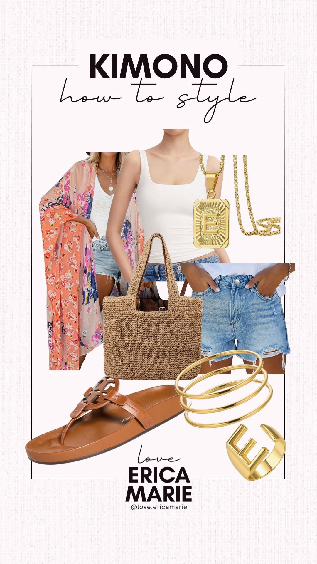 Kimonos are one of my favorite ways to cover the back of my thighs as an over 40 midsize mom. I love how they also elevate any basic outfit to give it a bit of color, dimension with the texture and make me feel confident. This one is stunning, I wear it all the time and love how airy and lightweight it is. 
Splurge worthy sandals, distressed, relaxed shorts, gold monogram necklace, square neck smoothing tank tops

#LTKMidsize #LTKOver40 #LTKSeasonal