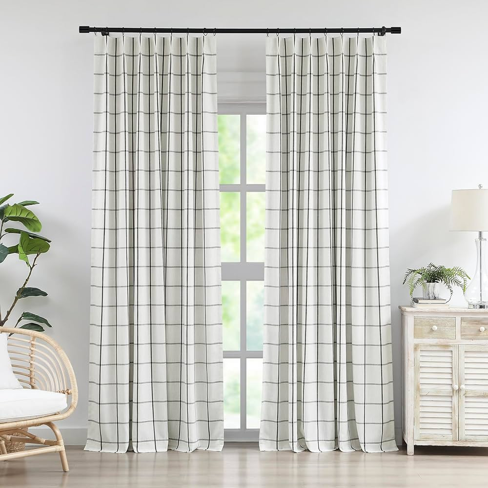 Vision Home Black Plaid Linen Pinch Pleated Full Blackout Curtains Checkered Thermal Insulated Wi... | Amazon (US)