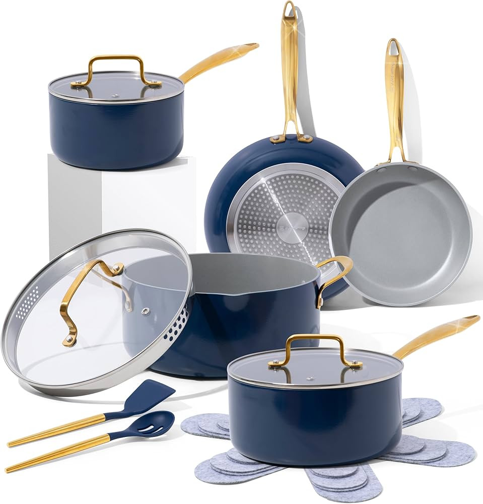 Navy Blue Pots and Pans Set Nonstick -15 PC Luxe Gold Pots and Pans Set, 100% PFOA Free, Non Toxi... | Amazon (US)