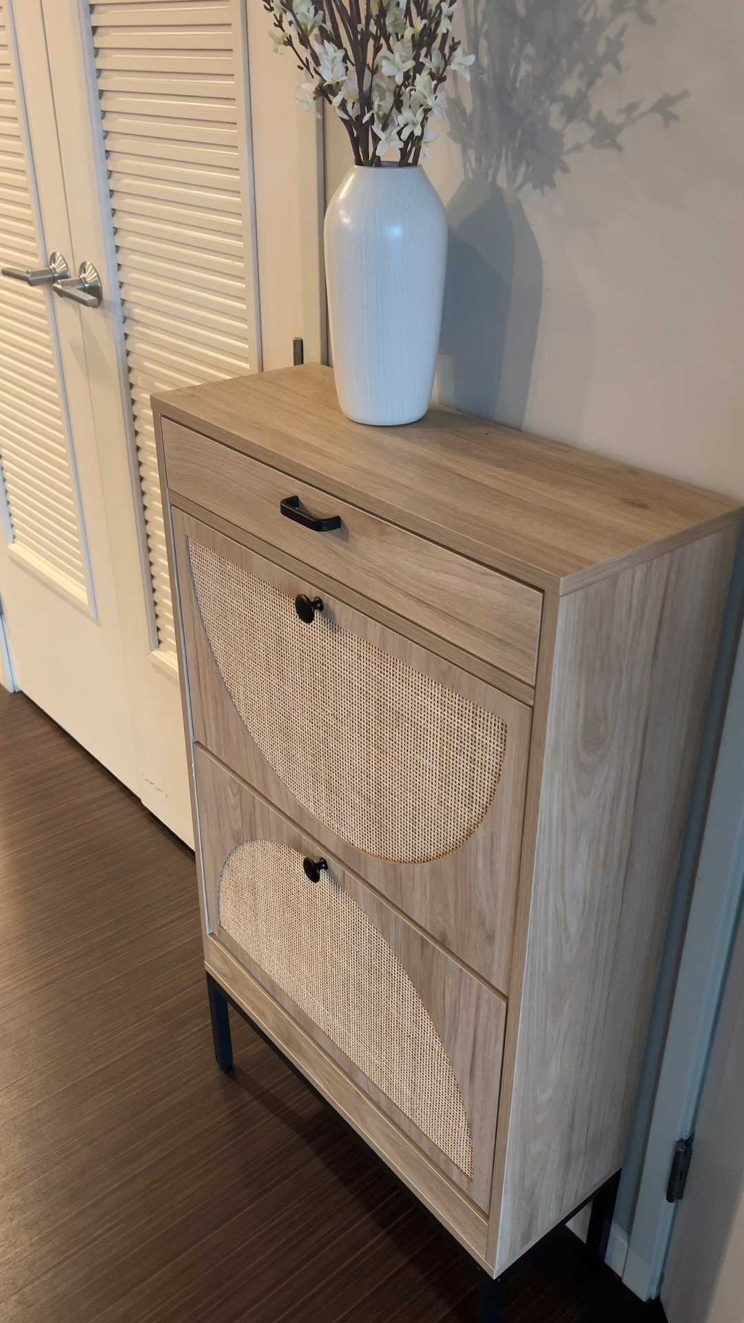 Shoe Rack Storage Organizer with 2 Natural Semi-Circular Rattan Doors, Entryway Wooden Shoe Cabinet for Sneakers, Leather Shoes, High Heels, Slippers 

#LTKVideo #LTKhome