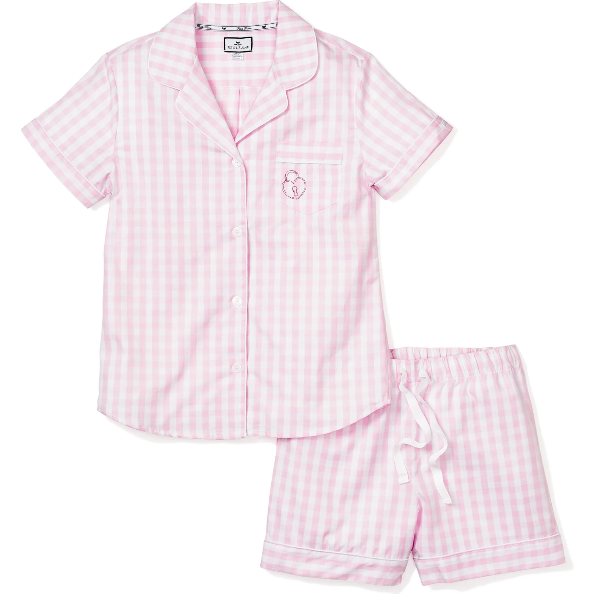 Petite Plume x Masionette Key To My Heart Embroidery Women's PJ Short Set, Pink Gingham | Maisonette