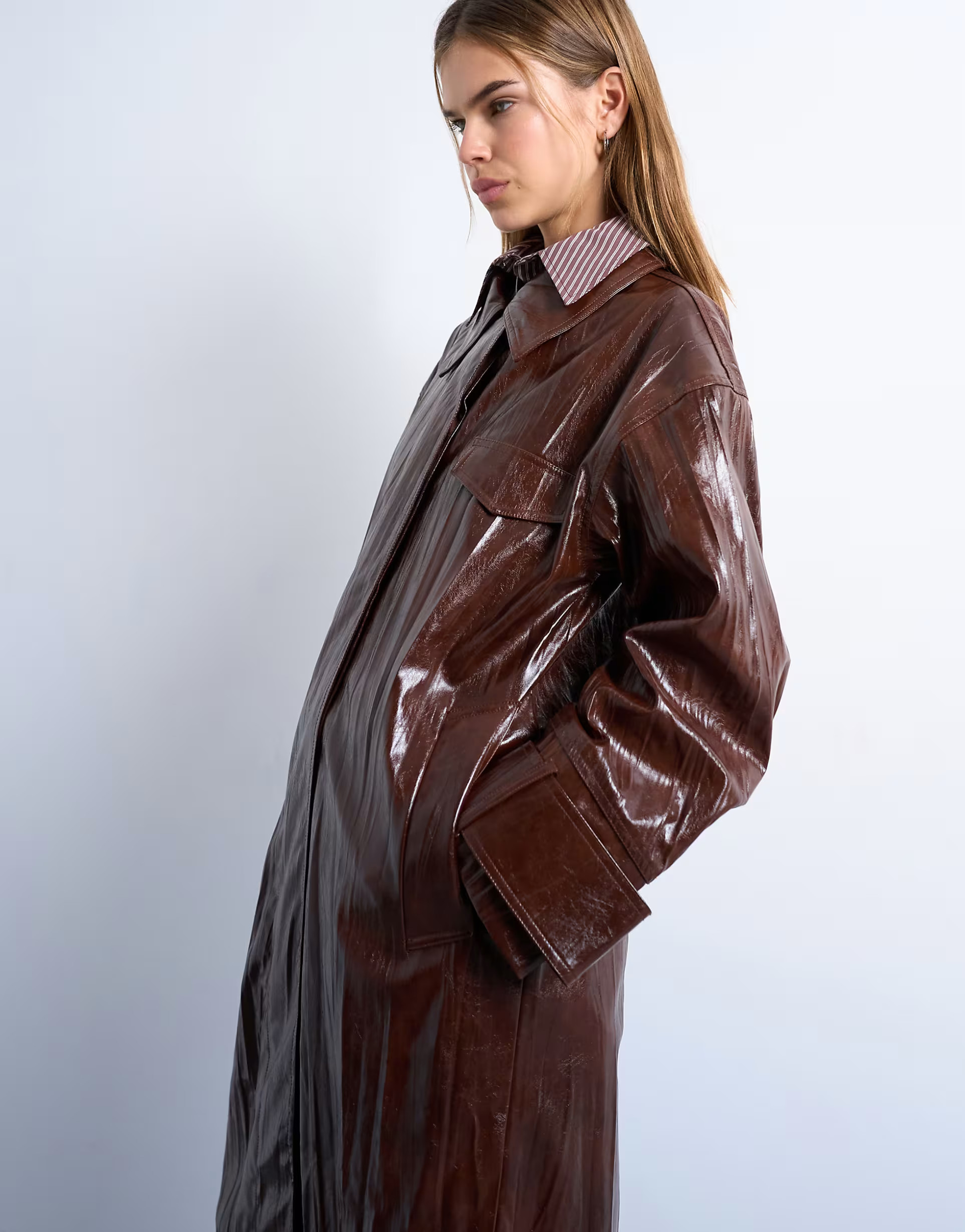 Topshop faux leather high shine washed trench coat in washed brown | ASOS (Global)