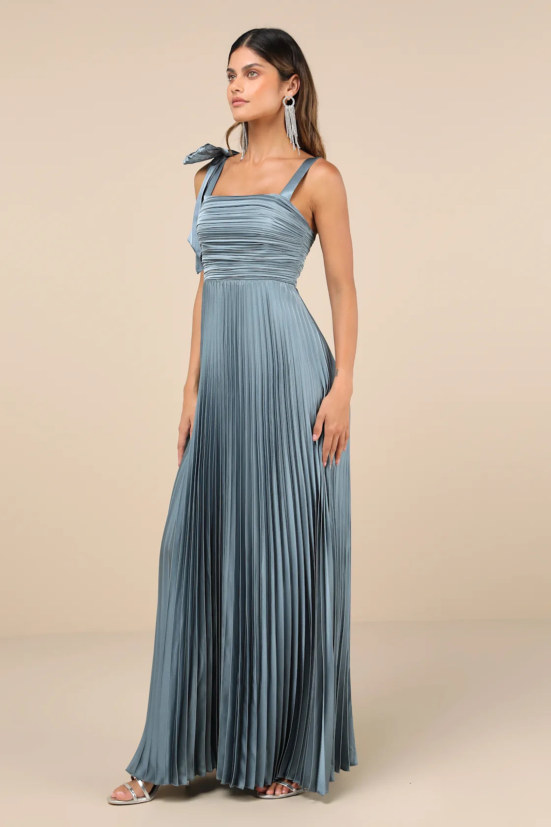 Gorgeous Purpose Slate Satin Pleated Sleeveless Bow Maxi Dress | Lulus