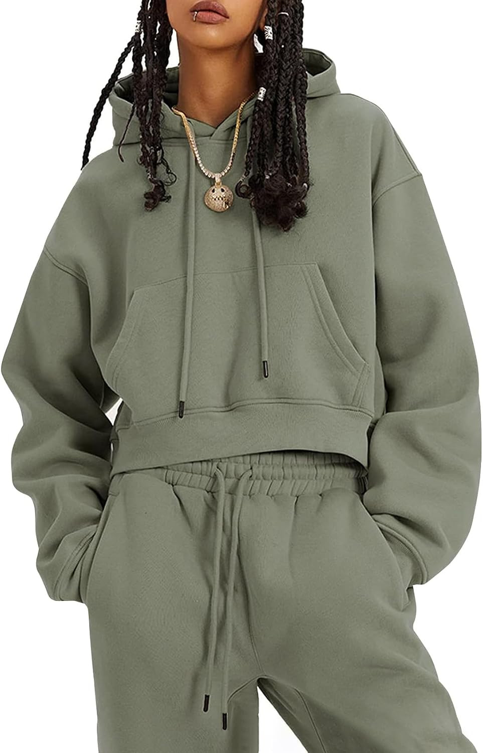Flygo Womens Fleece 2 Piece Outfits Fall Crop Pullover Jogger Sweatsuit Set | Amazon (US)