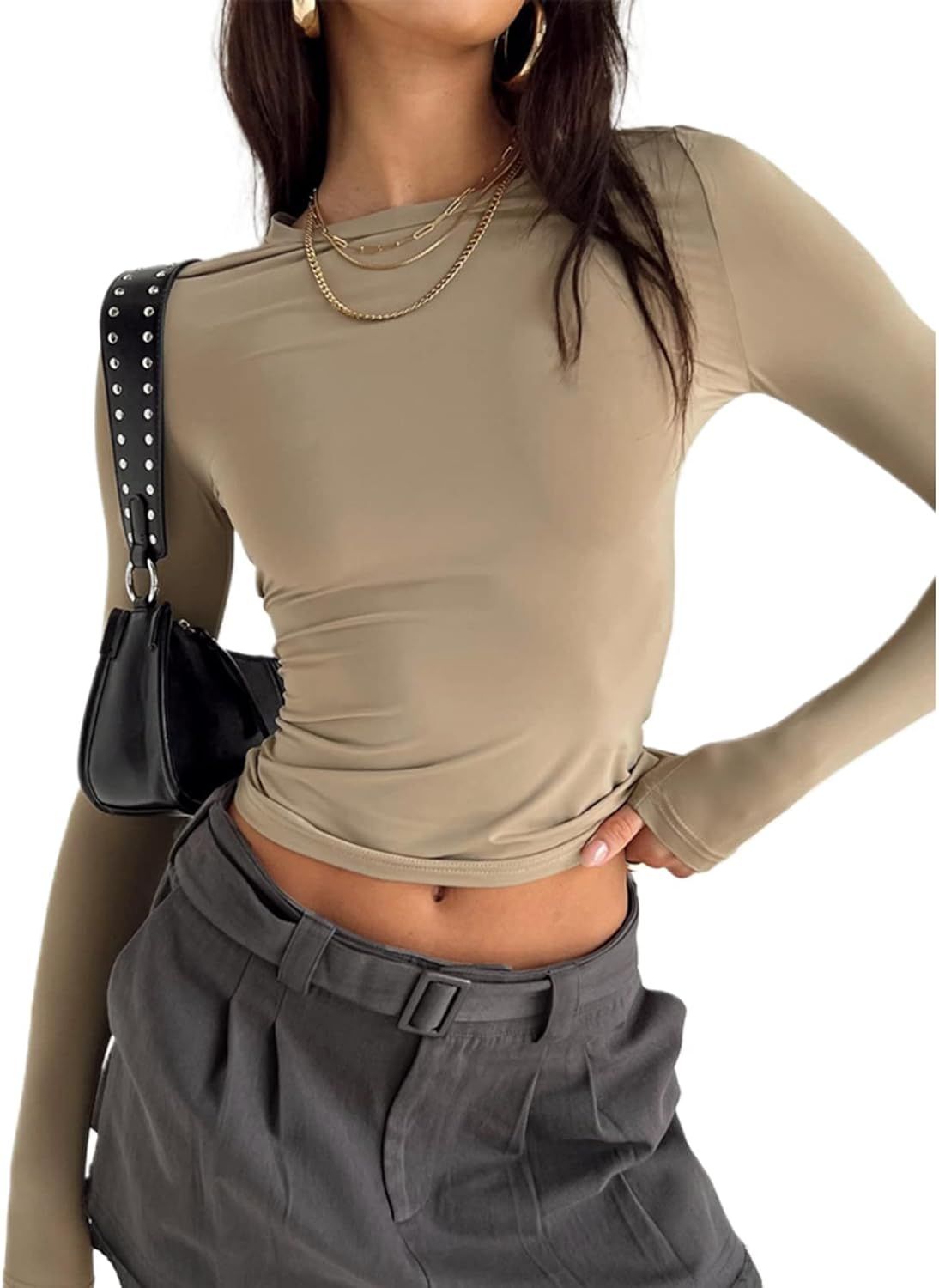 Meladyan Women Basic Long Sleeve Round Neck Crop Top Tee Bodycon Solid Slim Fitness Yoga Cropped ... | Amazon (US)