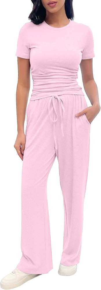 2 Piece Pajama Set for Women with Pockets, Short Sleeve Ruched Top, Wide Leg Pants with Drawstrin... | Amazon (US)