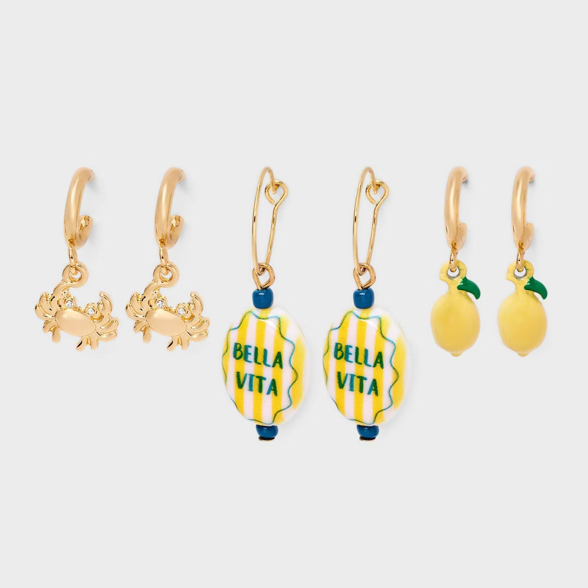 Lemon Crab and Bella Vita Charm Hoop Earring Set 3pc - Universal Thread™ Gold | Target