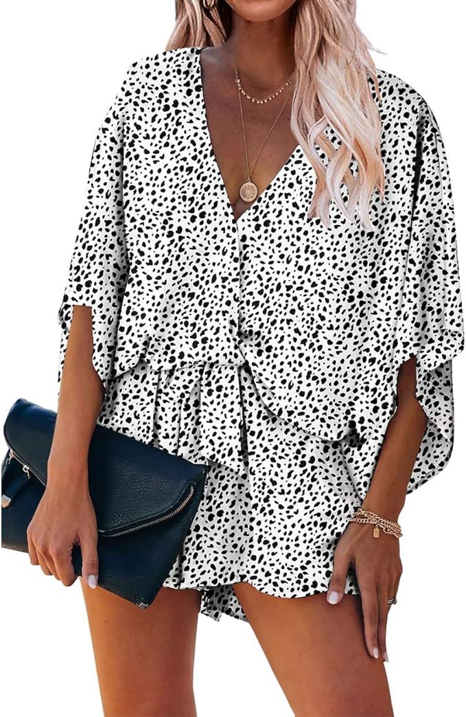 PRETTYGARDEN Women’s Fashion Leopard Print Shorts Jumpsuit Wrap V Neck 3/4 Short Sleeve Casual ... | Amazon (US)