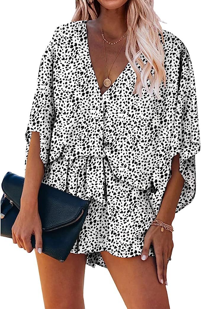 PRETTYGARDEN Women’s Fashion Leopard Print Shorts Jumpsuit Wrap V Neck 3/4 Short Sleeve Casual ... | Amazon (US)