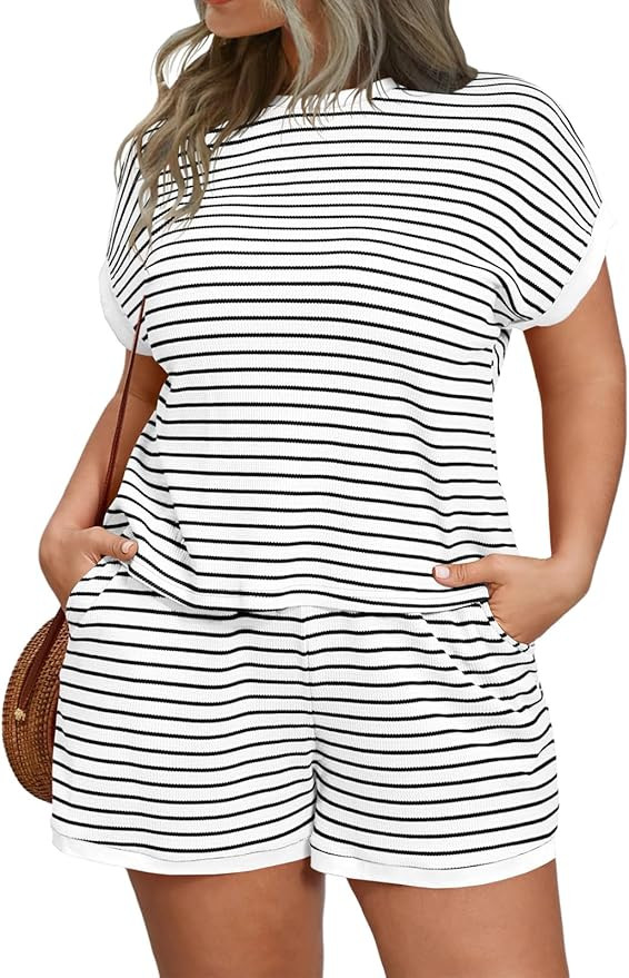 Beautife Womens Plus Size Lounge Set 2 Piece Outfits Stripe Short Sleeve Shirts Tops Shorts Summe... | Amazon (US)