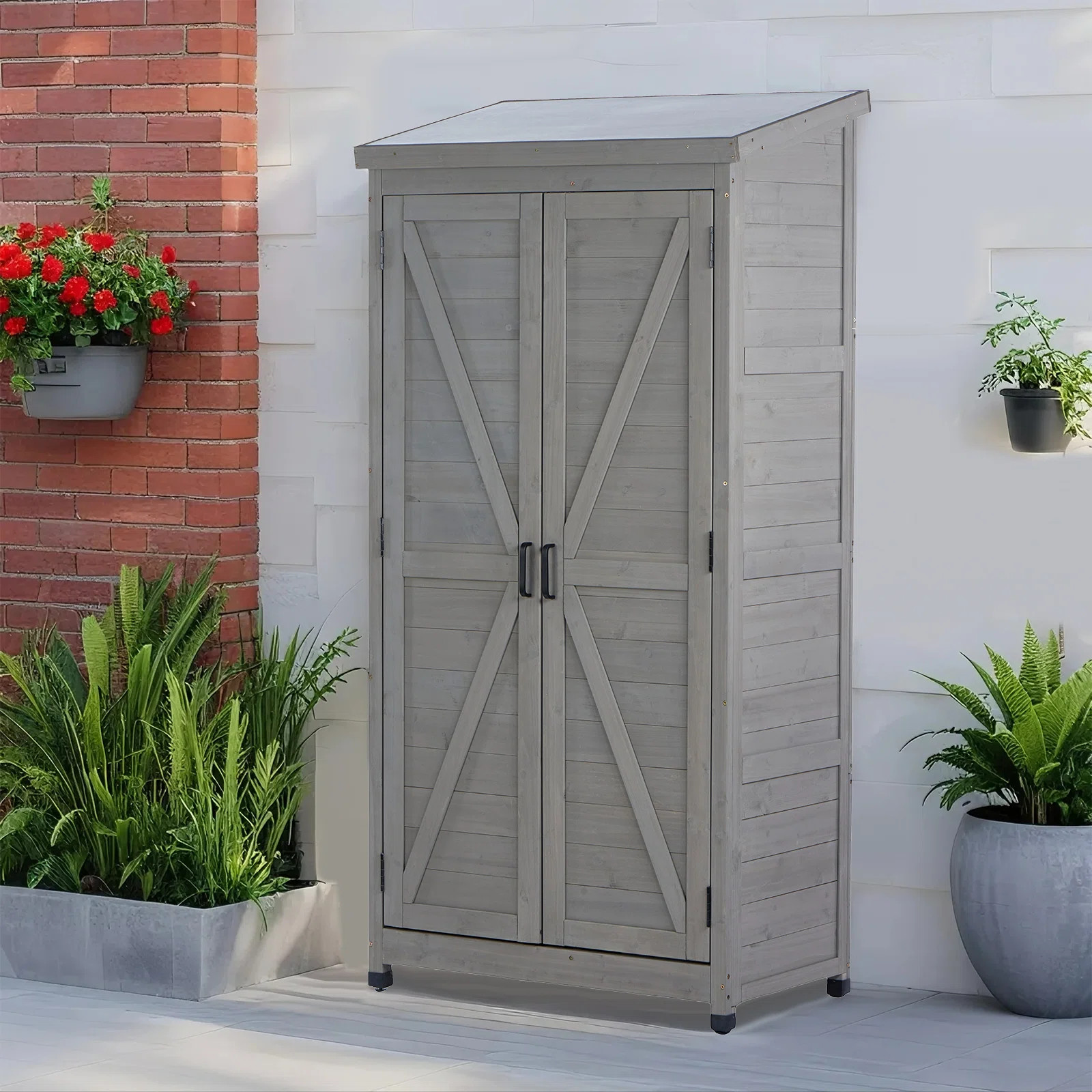 Outdoor Vertical Wooden Storage Shed with Metal Roof - 3-Tier Removable Shelves, Farmhouse Design... | Wayfair North America