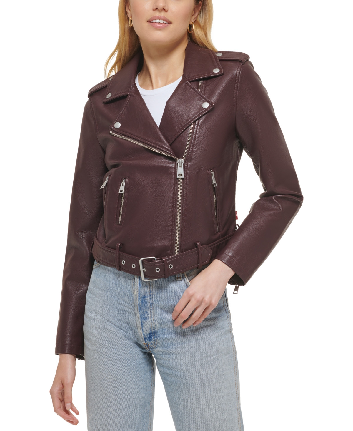 Levi's Women's Faux-Leather Belted Hem Moto Jacket - Burgundy | Macy's