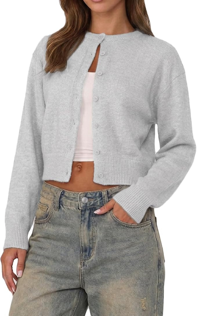 Women Y2K Button Front Crop Sweater Cardigan Solid Color Crew Neck Long Sleeve Knit Fall Tops Str... | Amazon (US)
