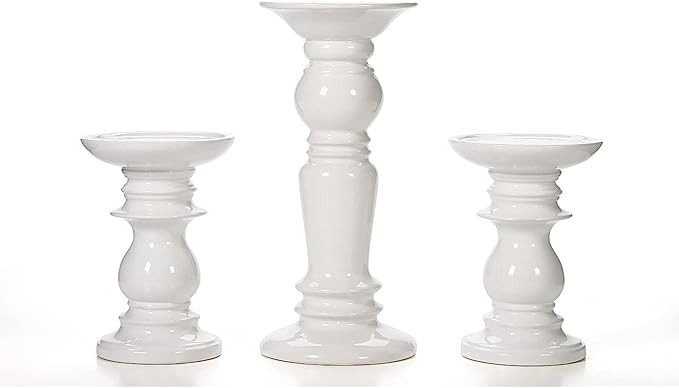 Hosley Set of 3 Ceramic White Pillar Candle Holders Two 6 inch and One 9.5 inch High Ideal for LE... | Amazon (US)