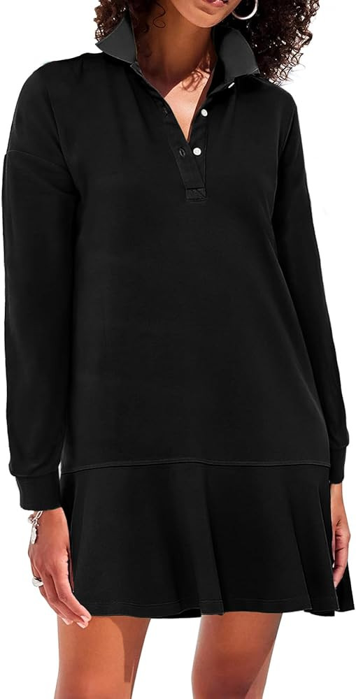Women's Polo Dress Long Sleeve Collared V-Neck Ruffle Hem Fall Shirt Mini Dresses | Amazon (US)