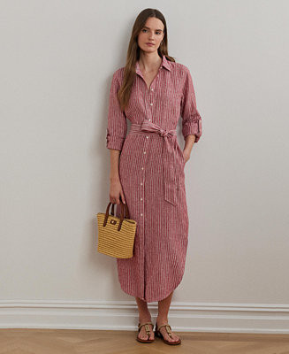 Lauren Ralph Lauren Women's Striped Linen Roll-Tab-Sleeve Shirtdress, 0P-22W - Macy's | Macy's