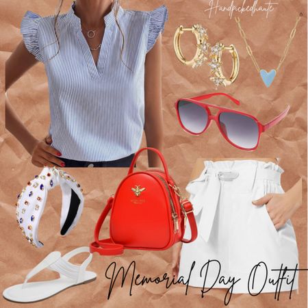 Memorial Day outfit inspo! 🇺🇸 Love the pinstripe top, breezy shorts, and how cute is that bag?😍 Added some cute star earrings, enamel heart necklace snd a festive headband to round out the red, white & blue theme. Perfect fur any MDW party or picnic! ❤️

#LTKSaleAlert #LTKFindsUnder50 #LTKSeasonal