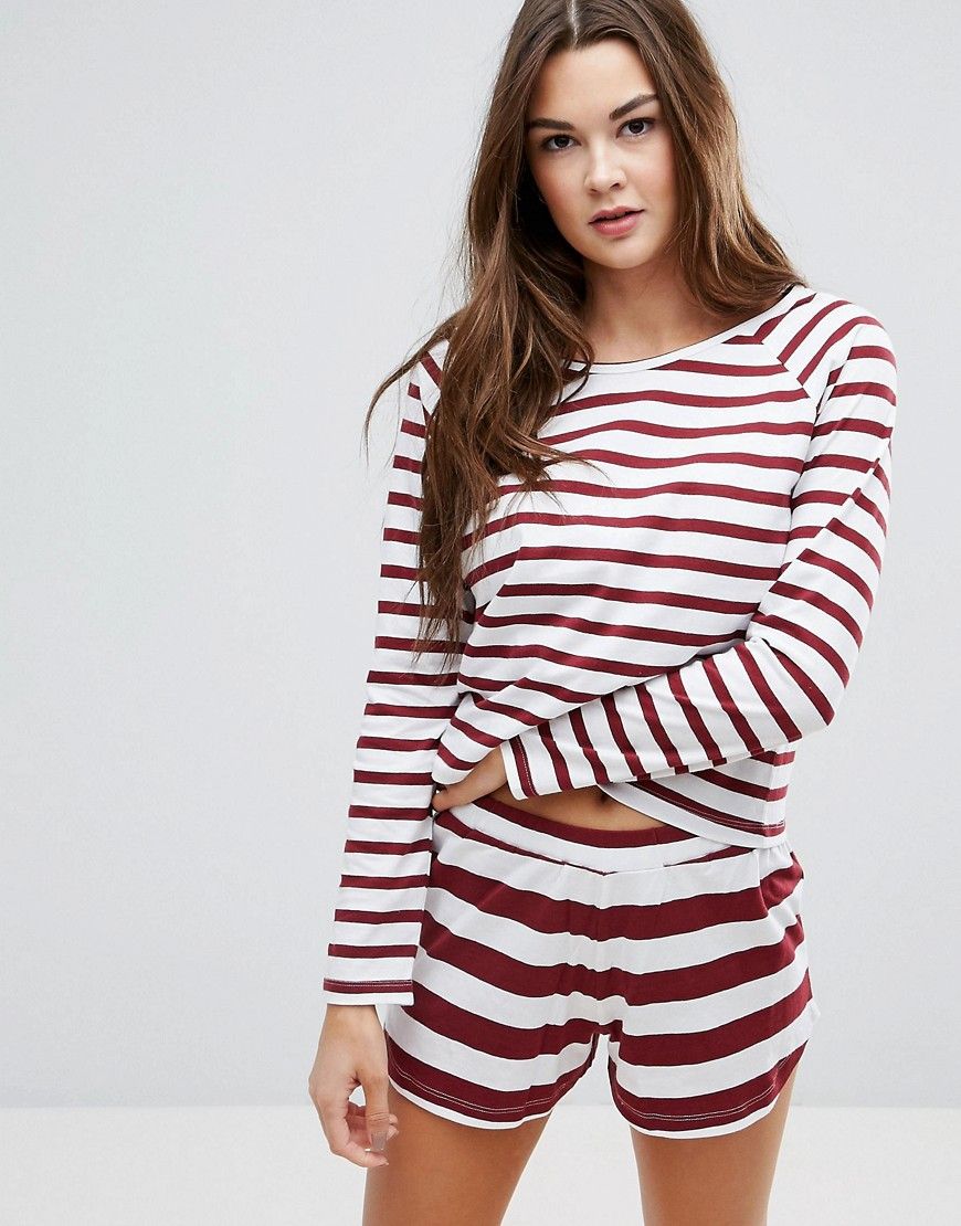 ASOS Burgundy Stripe Long Sleeve Tee & Short Pajama Set - Multi | ASOS US