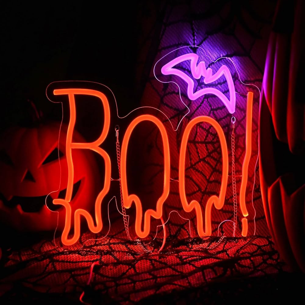 Halloween Neon Sign, Orange Purple BOO Bat Neon Light Up Sign for Halloween Party Decorations, Di... | Amazon (US)