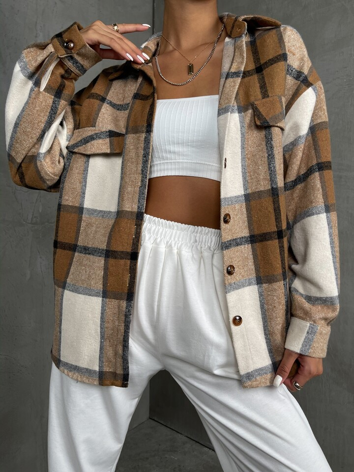 SHEIN EZwear Casaco de ombro caído com detalhe de aba com estampa xadrez | SHEIN