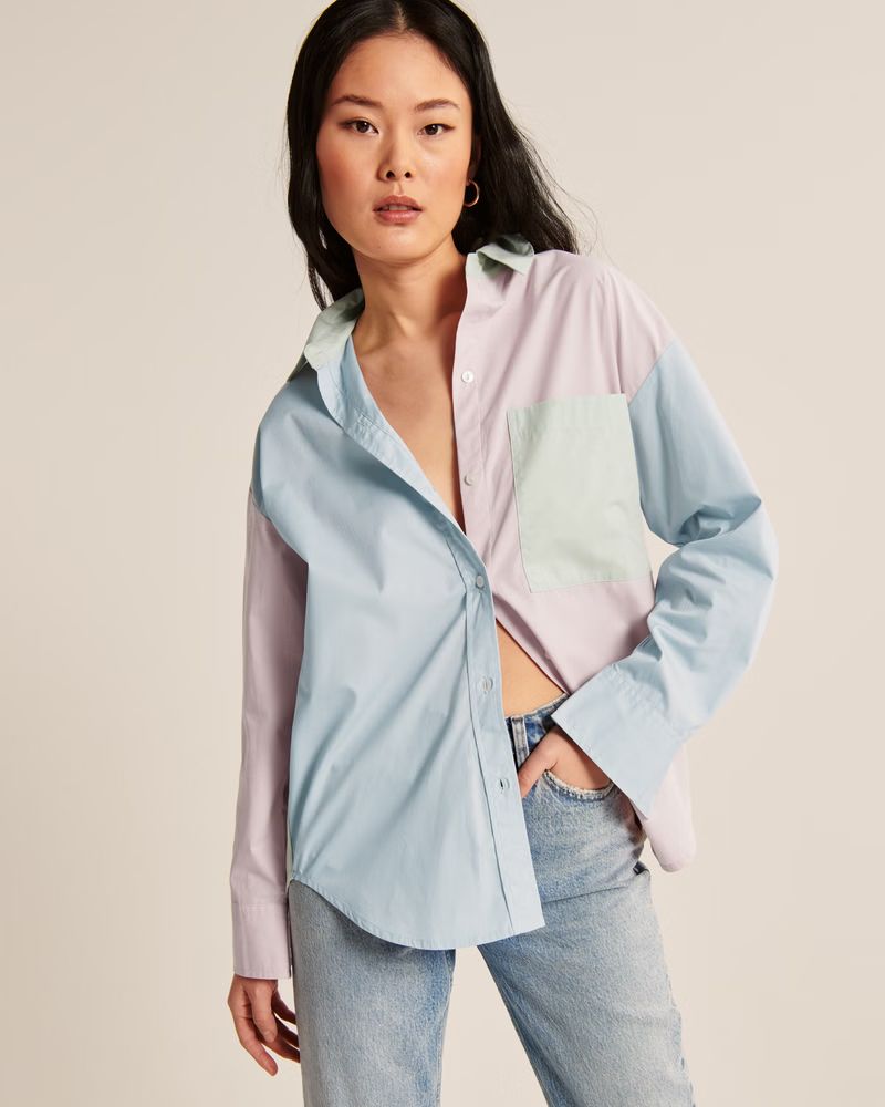 Women's Oversized Poplin Colorblock Button-Up Shirt | Women's Tops | Abercrombie.com | Abercrombie & Fitch (US)