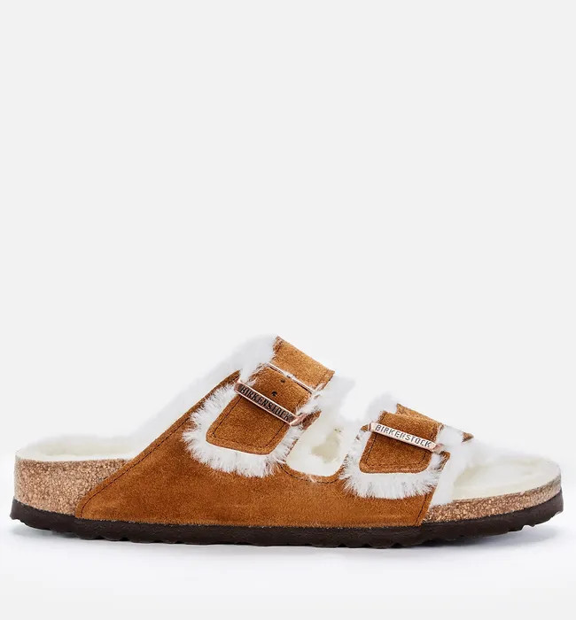 Birkenstock Women's Arizona Slim Fit Shearling Double Strap Sandals - Mink | Coggles (Global)