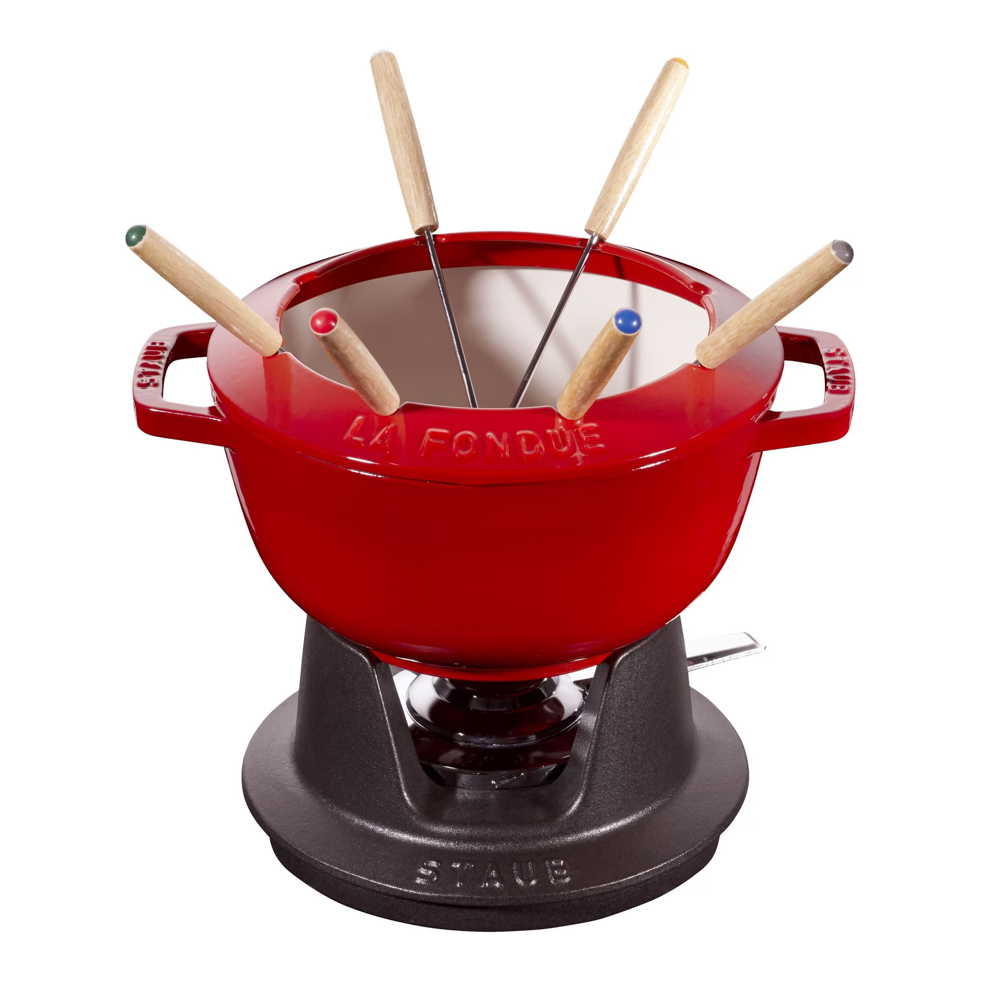 Cherry red Staub cast iron fondue set