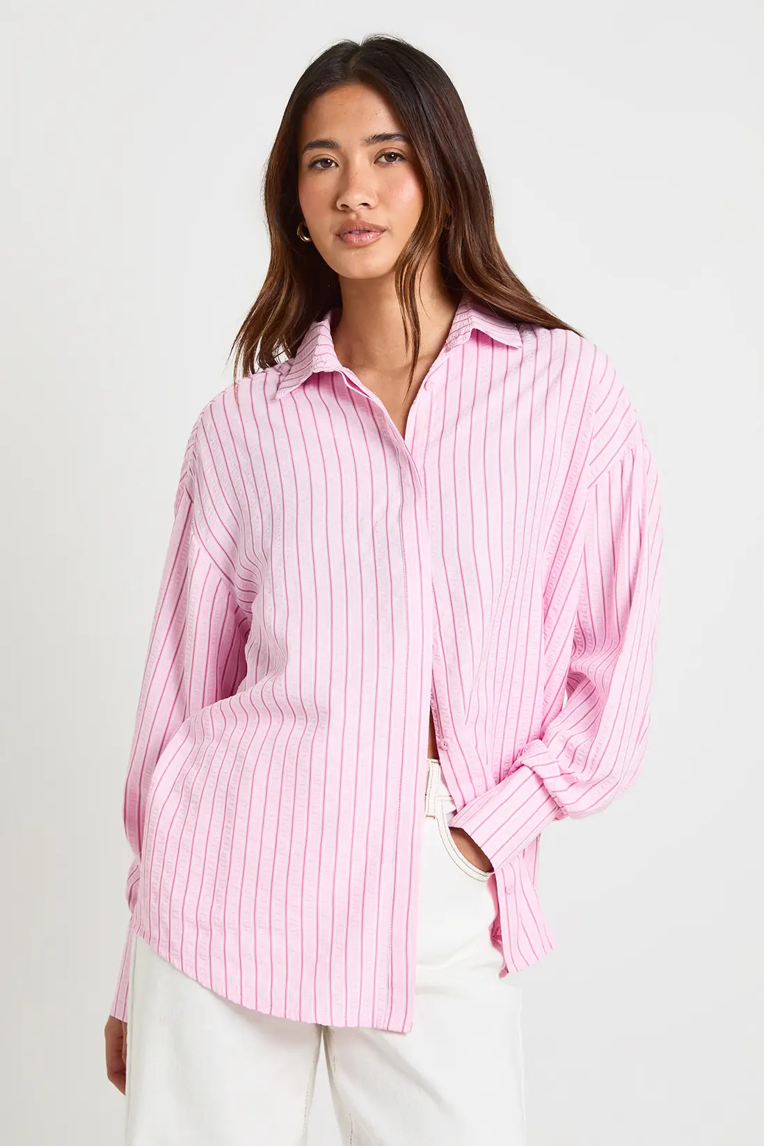 Light Pink Oversized Textured Stripe Shirt | Boohoo USA | boohoo (US & Canada)