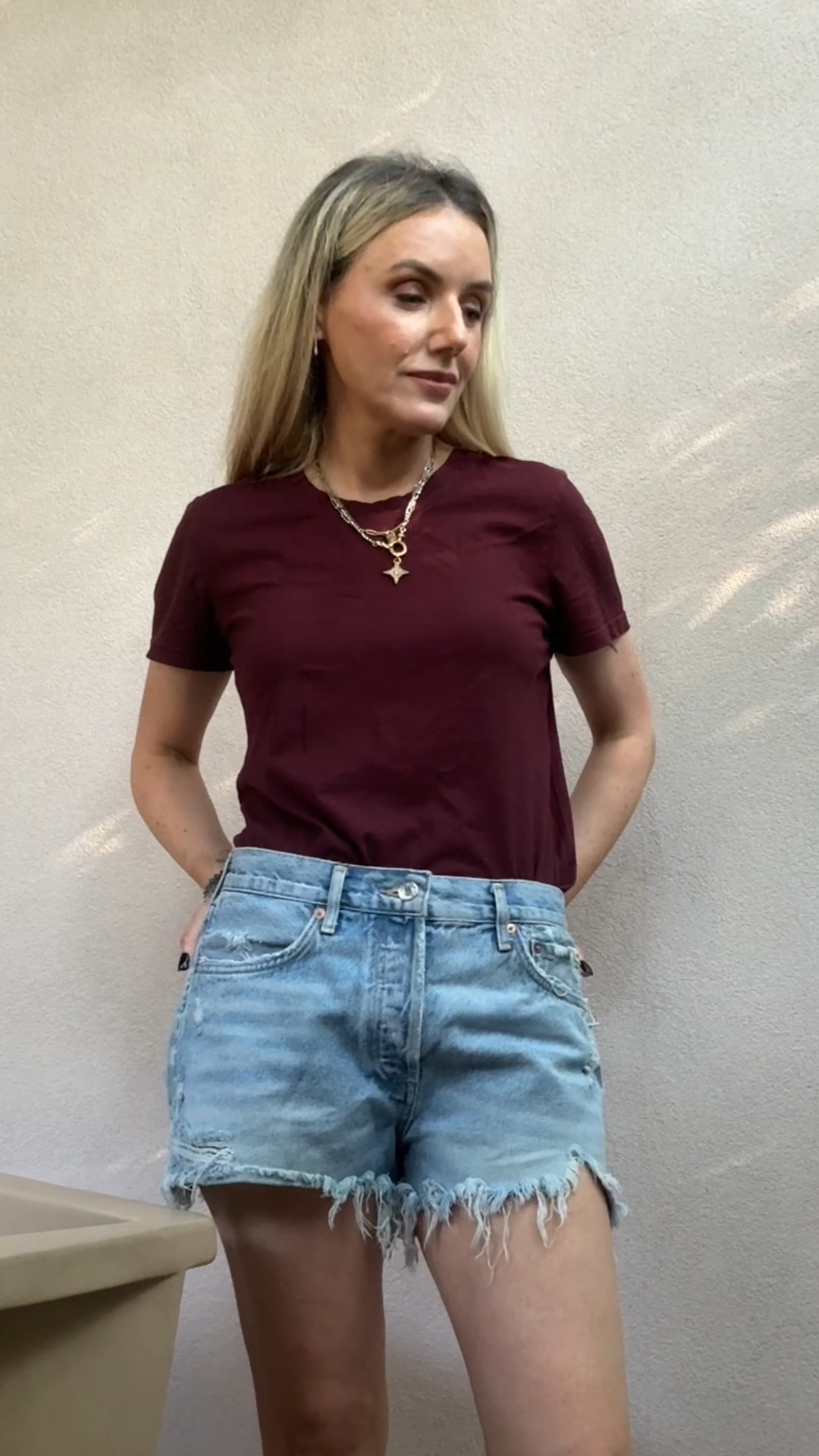 Summer holiday, holiday wardrobe, denim shorts, vintage cutoffs, burgundy, T shirt, petite fashion, over 40  

#LTKpetite #LTKuk #LTKsummer