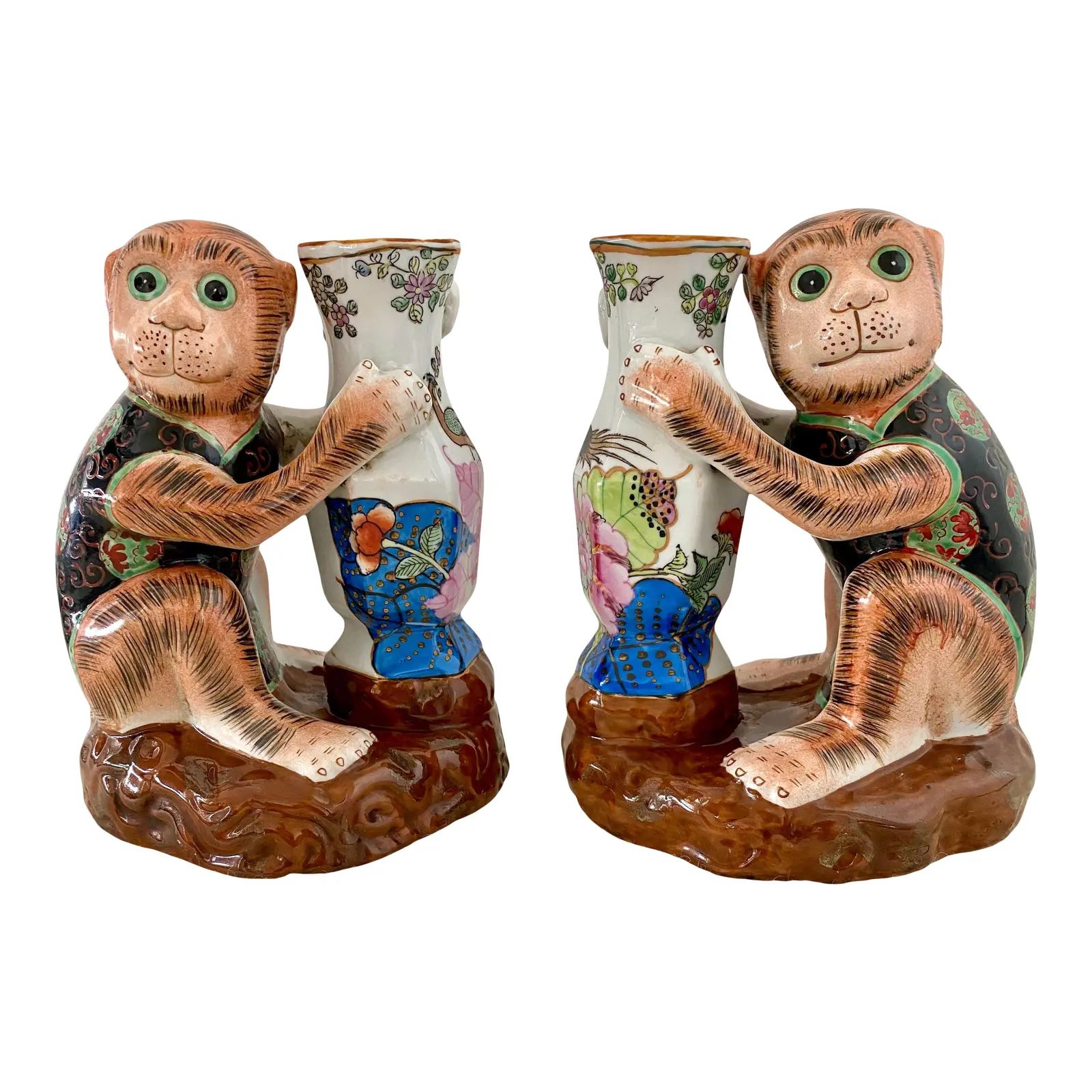 Vintage Early 20th Century Porcelain Monkey Vases with Tobacco Leaf Design - a Pair | Chairish