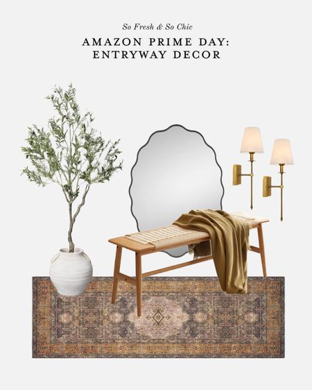 Everything is on sale for Prime Day! Transitional and textured neutral entry way decor.
-
Amazon prime day finds - wavy edge mirror - artificial 7’ olive tree in planter - traditional Loloi runner rug - battery operated wall sconce with remote control and dimmer - neutral decor - affordable entryway decor - woven wood bench 