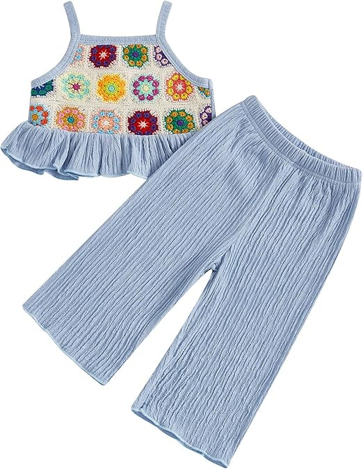 Baby Girl Outfits Crocheted Ruffled Camisole And Elastic Pants Set 6 12 18 24 Months 2 3 4 T | Amazon (US)