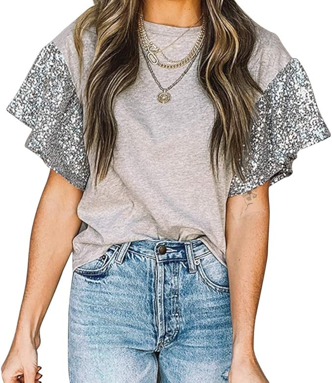 EXLURA Women's Summer Casual Contrast Sequins T Shirts Short Ruffle Sleeve Tee Round Neck Blouse ... | Amazon (US)