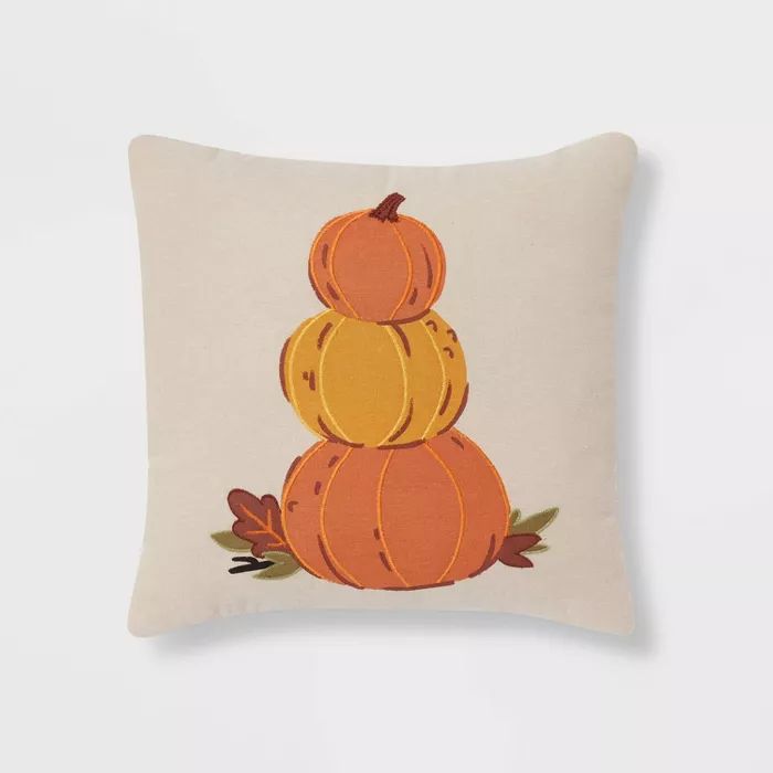 Chambray Printed and Embroidered 3 Pumpkins Square Throw Pillow Neutral/Orange | Target